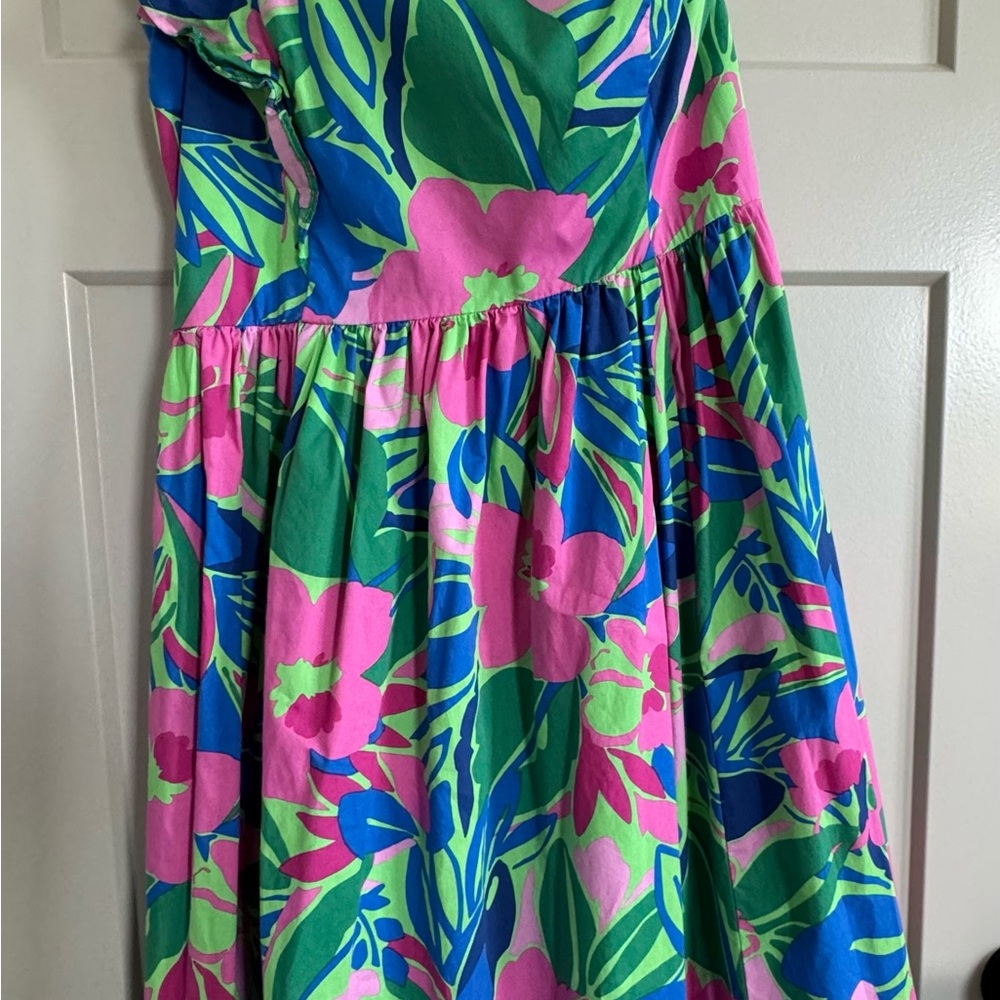 J. Crew One-Shoulder Floral Midi Dress in Pink, Green & Blue - Picture 4 of 8